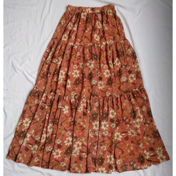 Lovecolette Floral Orange Skirt Tiered Peasant Boho Maxi Women's Size M - Picture 1 of 10
